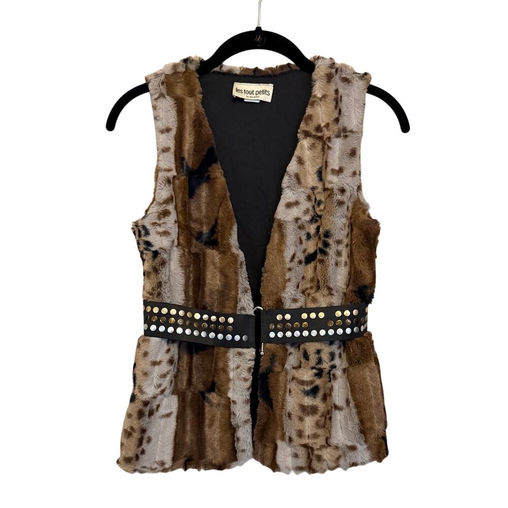 Les Tout Petits Faux Fur Vest Girls 14 Brown Leopard Belted Animal Print USA